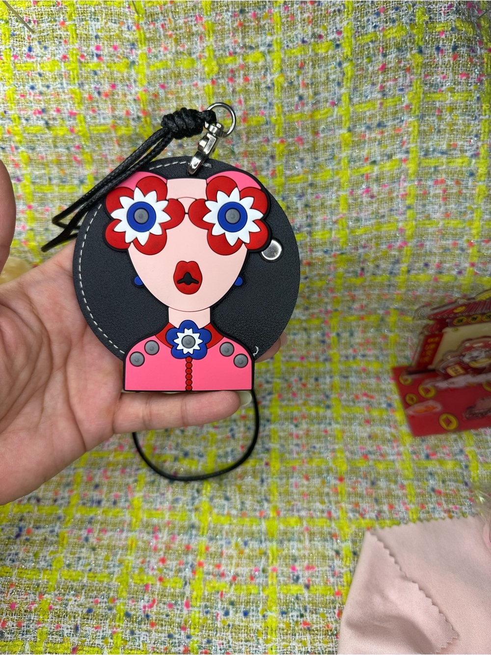 Whimsical Floral Face Keychain Bag Charm - Pink